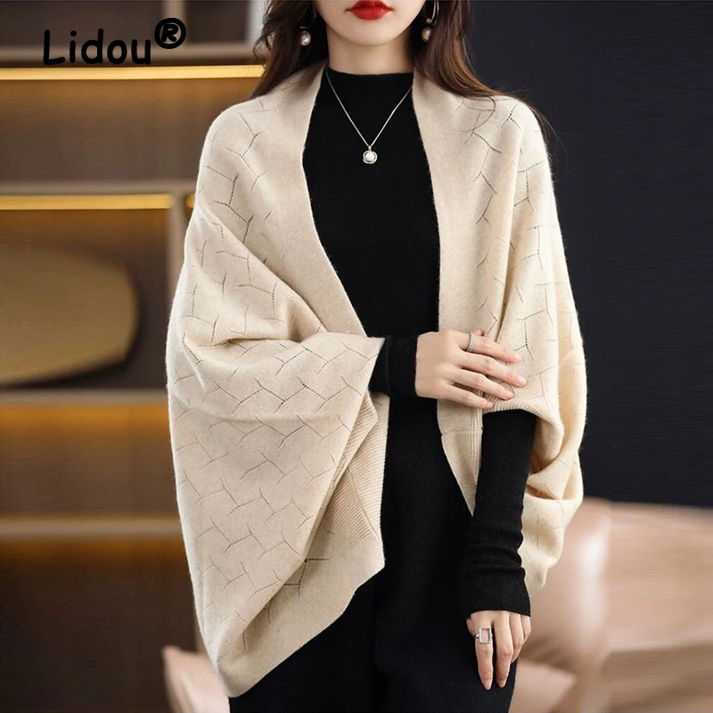 2023 Autumn Winter Women Elegant Fashion Oversize Shawl Knitted Cardigan Female Casual Solid Long Sleeve Soft Cloak Sweater Coat