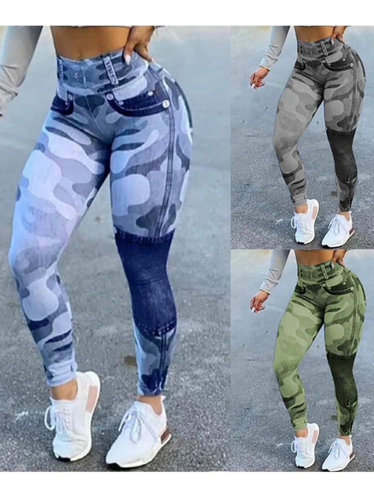 Camouflage Printed Faux Denim Jean Leggings Women Fashion High Waist Running Elastic Female Workout Trousers Push Up Leggins