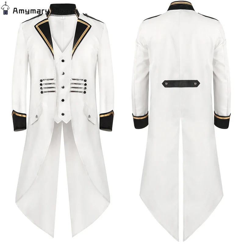 

New Men's Retro Tailcoat White Long Jacket Gothic Steampunk Victorian Cosplay Costume Frock Coat Single Breasted Swallow Uniform