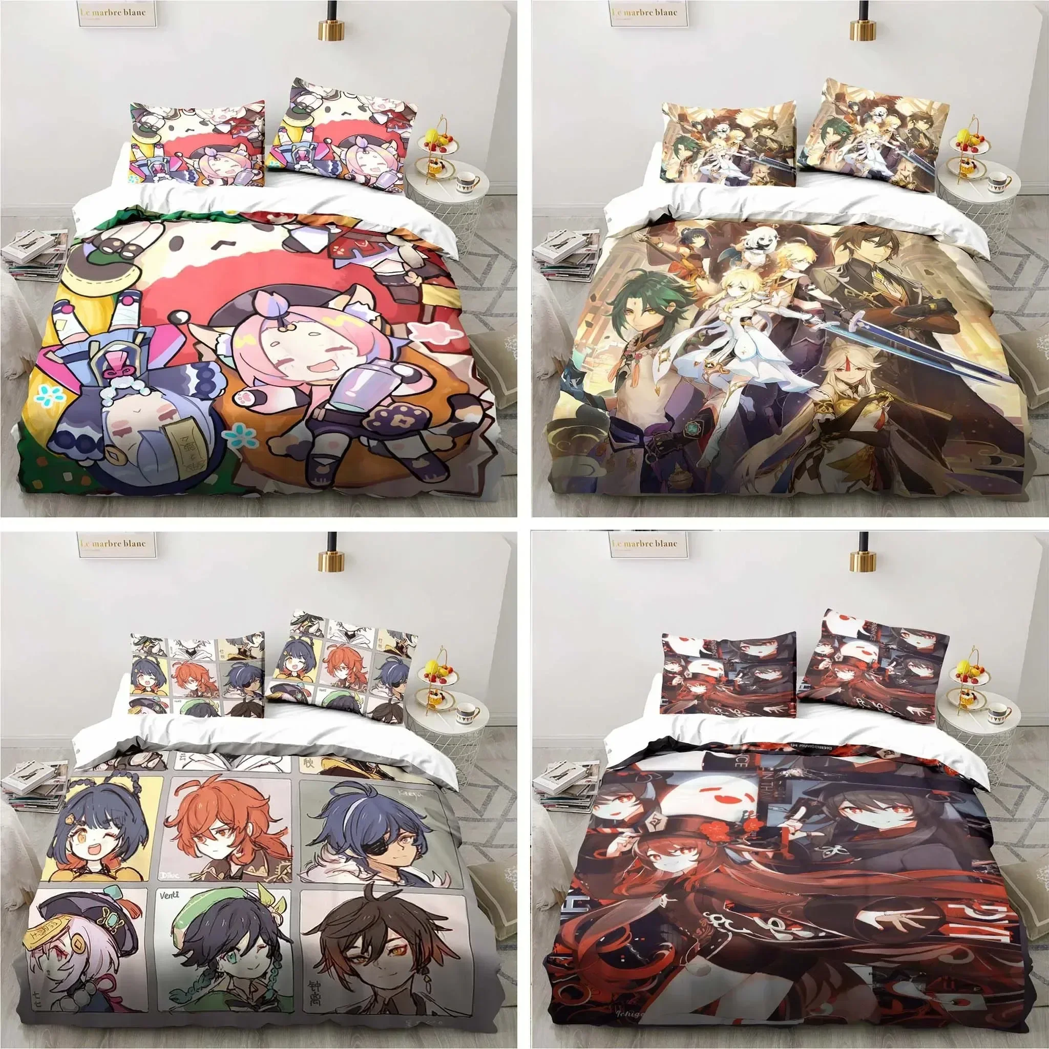 Anime Genshin Impact Game Bedding Set Duvet Cover Sheet Printed Bed Set Pillowcase Bed Full Queen King Size Comforter Bedroom