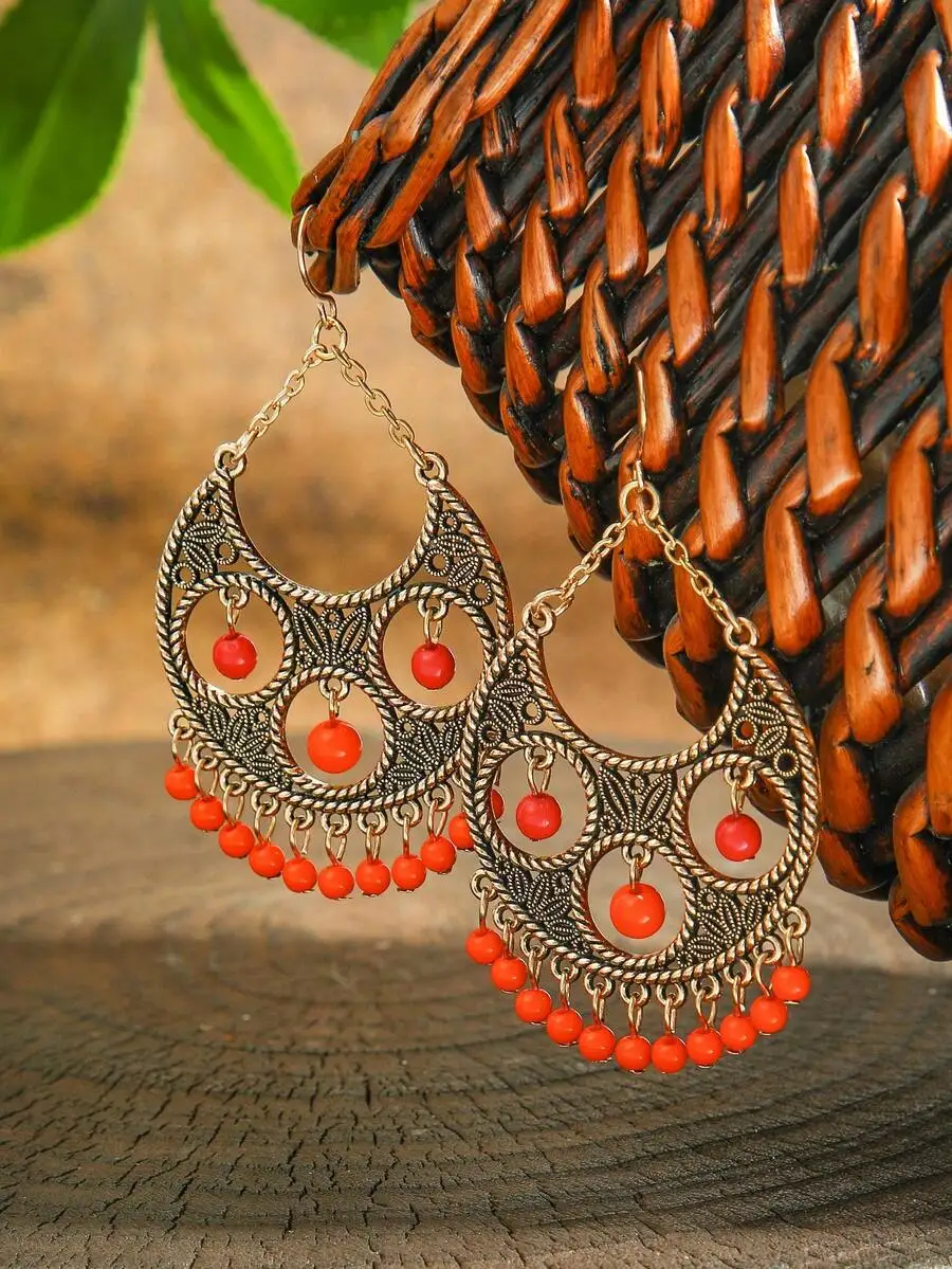 

Bohemian Vintage Drop Earrings For Women With Red Beads And Tassels