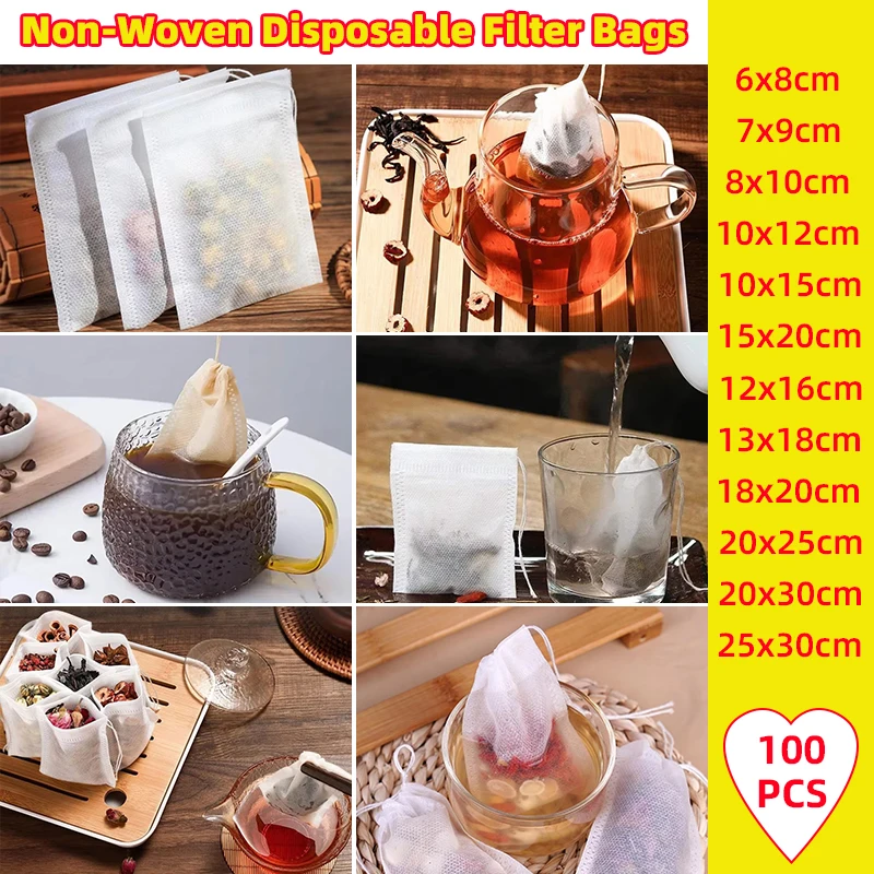 

Creamily 100PCS Disposable Tea Filter Bags Non-Woven Fabric Empty Tea Bag With Drawstring Filters Bags For Coffee Spice Tea