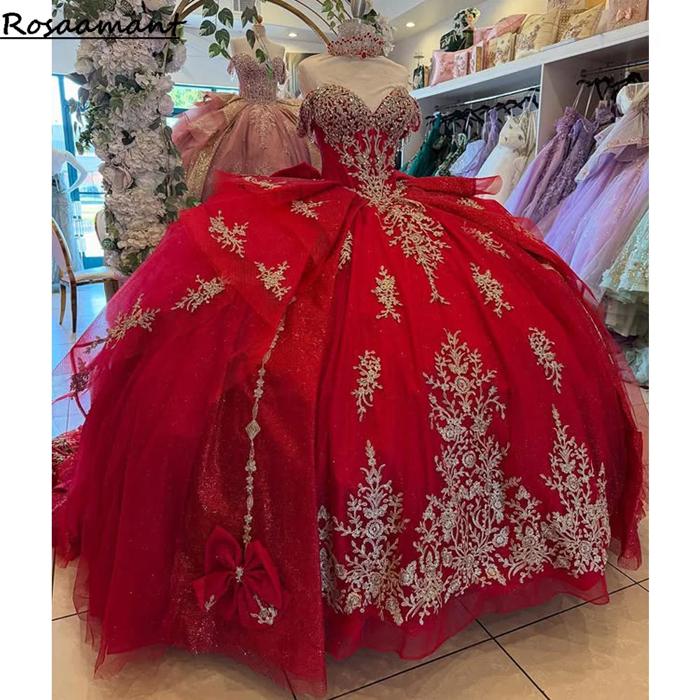 

Shiny Red Ball Gown Quinceanera Dress Sequins Applique Beading Bow Party Sweet 16 Vestidos De 15 Anos