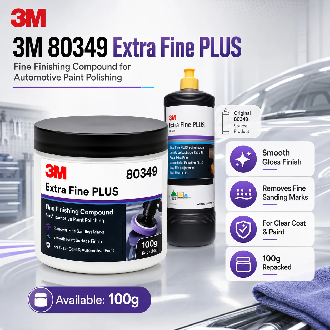 3M 80349 Extra Fine PLUS Compound Fine Polishing Paste Scratch Remover For Automotive Paint Car Detailing Clear Coat 100g