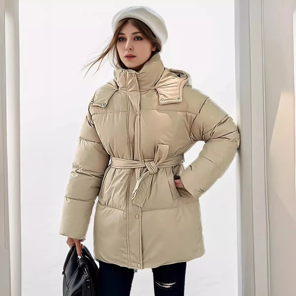 2024 Winter Women\'s Jacket Female Casual Waist Slimming Hooded Short Cotton Jacket Women Pure Color High Collar Warm Parkas