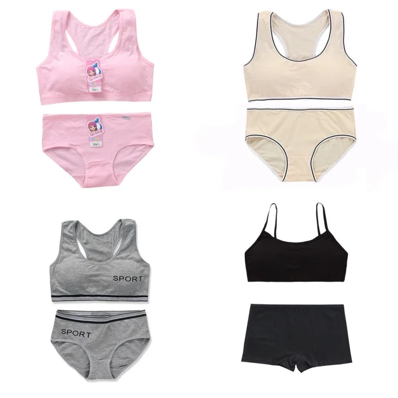 Kids Pantie Bra Set Girls Underwear Vest Teens Suit Cotton Vest Double Layer Hipster Puberty Girls Training Bra