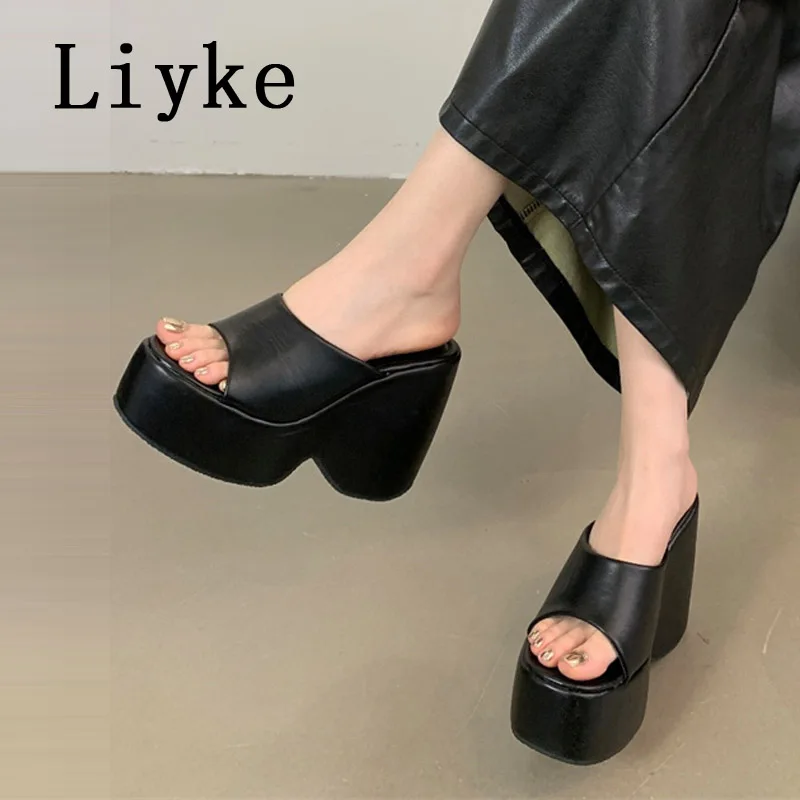 Liyke, zapatillas de cuña con plataforma de cuero blanco y negro para mujer, sandalias de tacón súper alto con punta abierta y parte inferior gruesa de 6,5 CM, zapatos femeninos