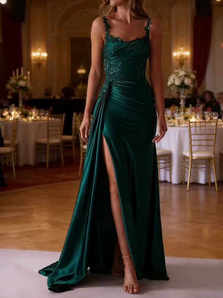 

Emerald Green Satin Mermaid Evening Gown Sweetheart Neck Lace Appliques High Slit Formal Prom Dress for Women Wedding Party 2026