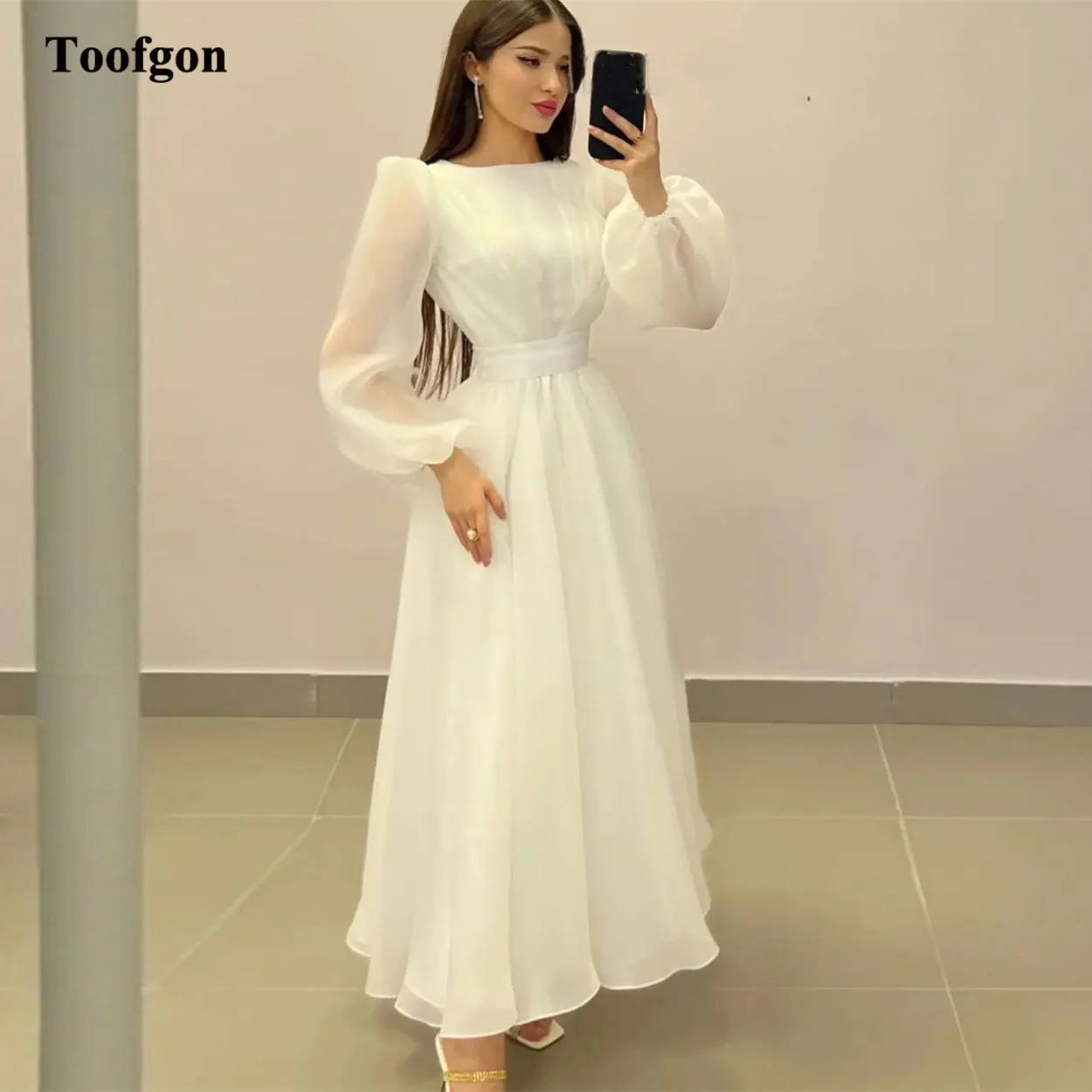 Toofgon A Line Organza Midi Bride Wedding Dresses Long Sleeves Bridal Gowns Ankle Length Customized Women Party Dress mariage