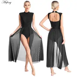 Women Ballet Lyrical Contemporary Dancewear Ballet Dance Leotard Costume Bodice Caged Back Ruched Ballerian Tutu Maxi Dress