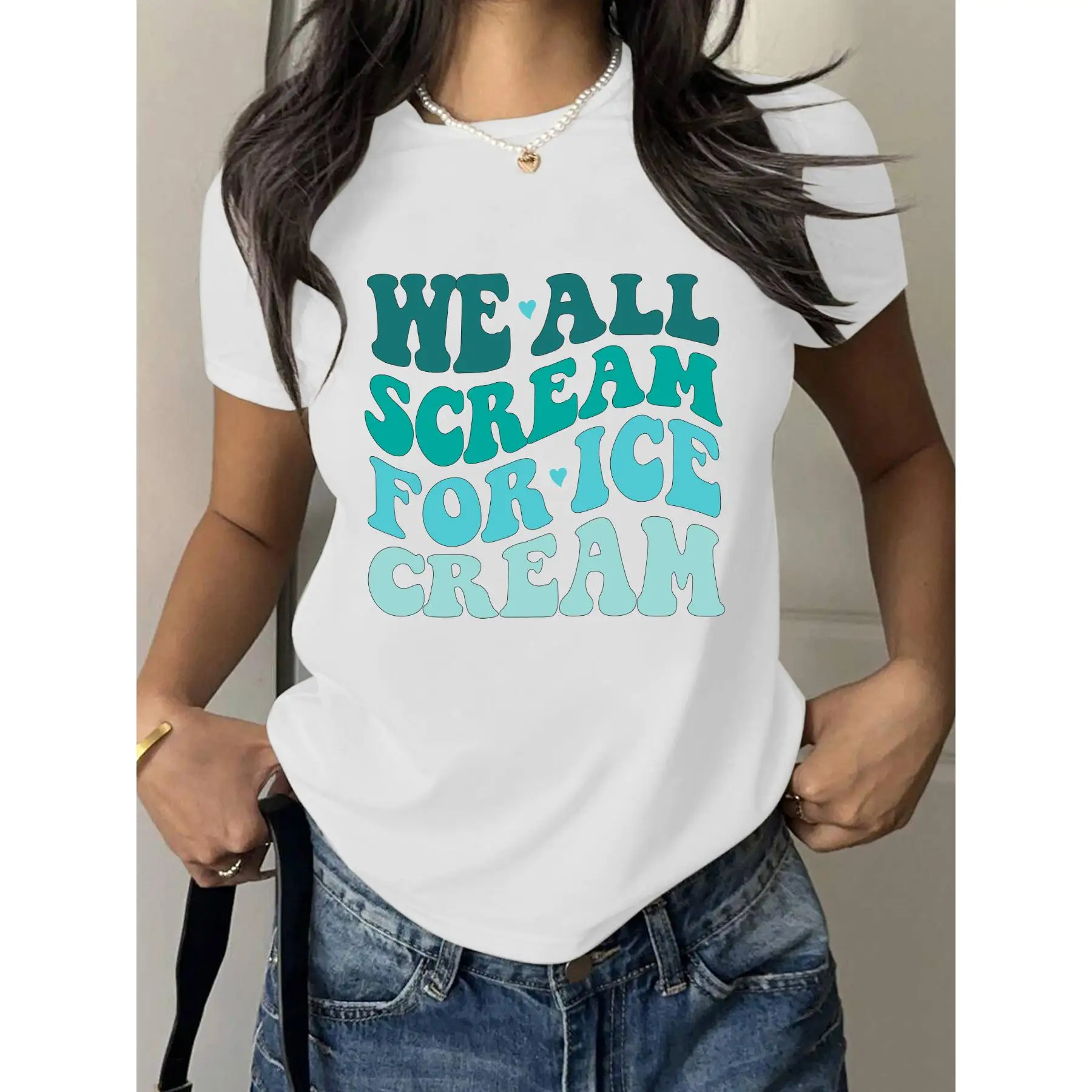 

Women's Ice Cream T-Shirt "We All Scream" Retro Summer Foodie Lover Tee Sweet Treat Graphic Top Nostalgia Gift