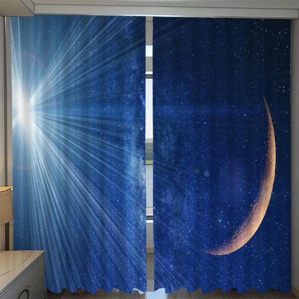 Universe Planet Stars 3D Pattern Curtains, Dazzling Bright Light Print 2 Panels Drapes Set, Noise Reducing Grommet Drapes for