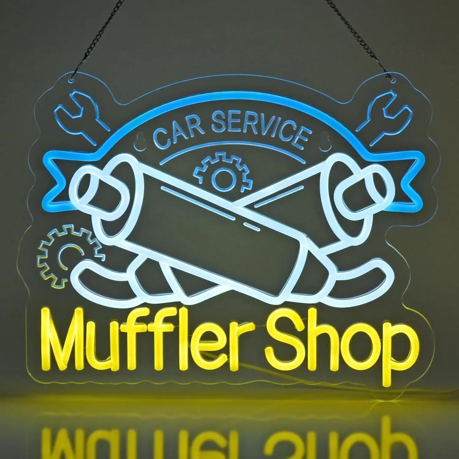 Muffler Shop Car Service Neon Sign Wrench Gear LED Wall Art USB Powered Lamp Auto Repair Decor Garage Workshop Hanging Light