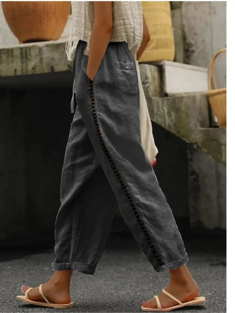 Casual Solid Pants Female Fashion Lace Hollow High Waist Long Pants For Women Office Holiday Womens Clothing Spring Summer New