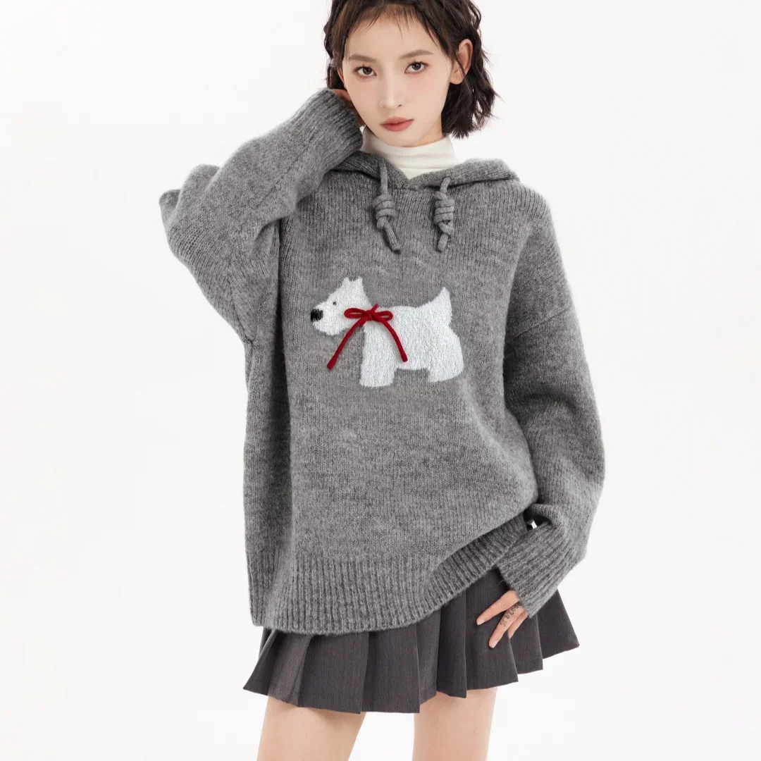 Winter Gray Hooded Loose Pullover American College Style Knitwear Cute Dog Jacquard Sweater Women E-girl Autumn Long Sleeve Top