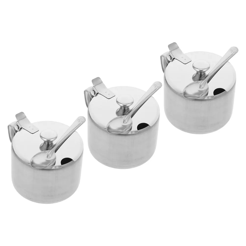 

3 set Stainless Steel Sugar Bowls Lid Spice Container Salt Pepper Seasoning Jar Food Storage Condiment Pots Metal Kitchen