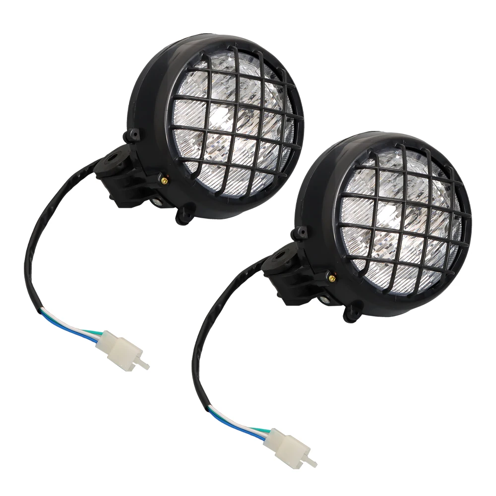 2PCS Round Motorcycle Headlights With Grill Cover 12V ATV Auxiliary Head Lamp Assembly
