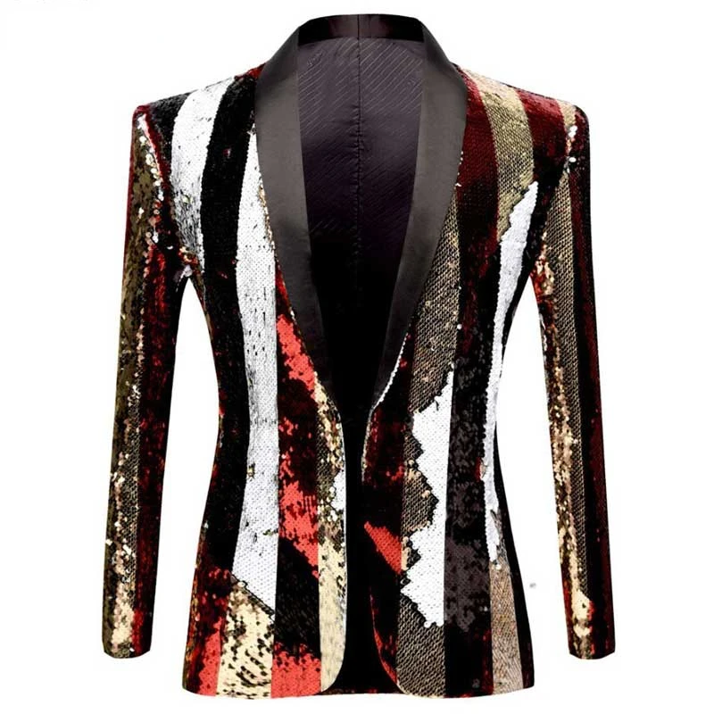 

Stylish Vertical Striped Sequin Blazer Jacket Men Shawl Lapel One Button Glitter Mens Blazers Wedding Party Dinner Costume Homme
