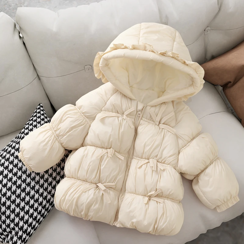 123  2026 Winter New Girls Jacket Solid Color Bow Thick Warm Hooded Zipper Coats For Girls Cotton Down Fashion Snowsuit 2-6 Y