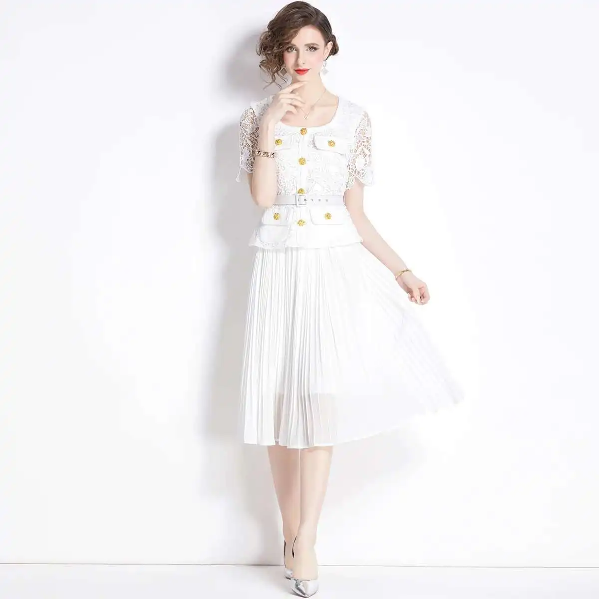 Jamerary ชุดเดรสออกงานพรอมผ้าชีฟองลูกไม้แขนสั้นสำหรับผู้หญิงชุดเดรส gamis pesta สำหรับใส่วันหยุดฤดูร้อน