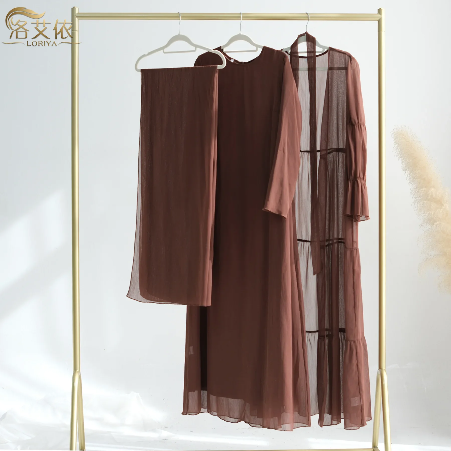 Ensemble deux pièces en mousseline de soie pour femmes musulmanes, élégant, froissé, dubaï, turquie, ample, ouvert, Cardigan et Robe Abaya