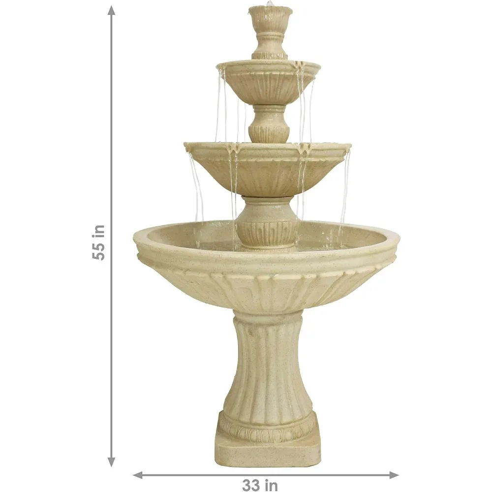 Classic Designer 55-Inch 3-Tier Polystone Outdoor Water Fountain - Electric Submersible Pump