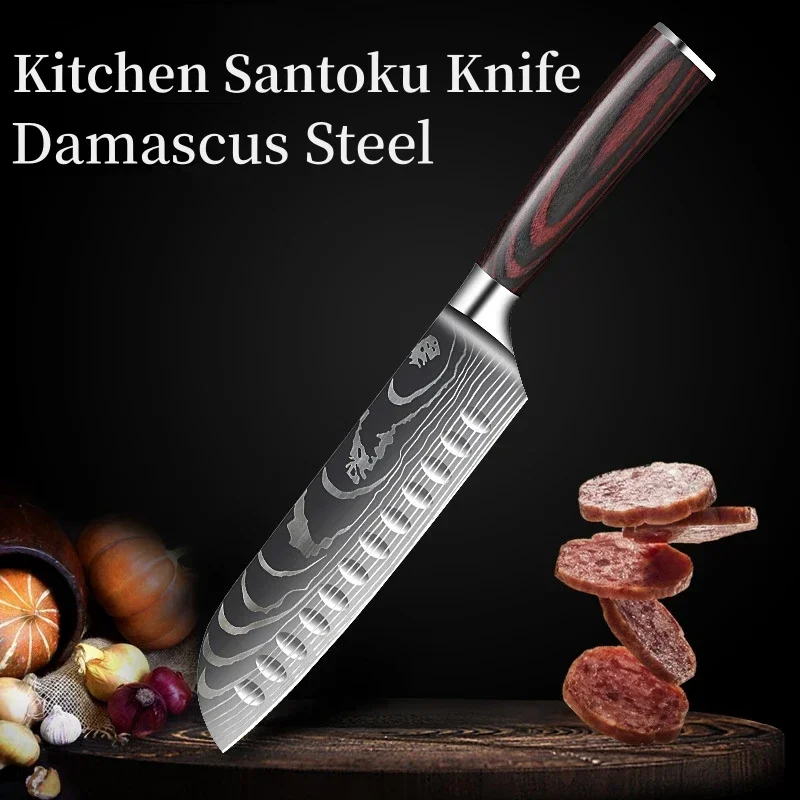 

Kitchen Chef's Knife Japanese Santoku Knife Laser Damascus Pattern Professional Boning Knife Fruit-Knife Cooking Utility-Knife