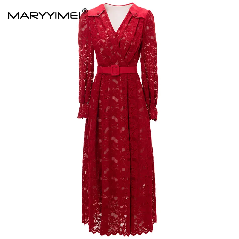 

MARYYIMEI New Fashion Runway Designer Women's V-Neck Long Sleeved Lace Detachable Waistband Patchwork Retro Dress