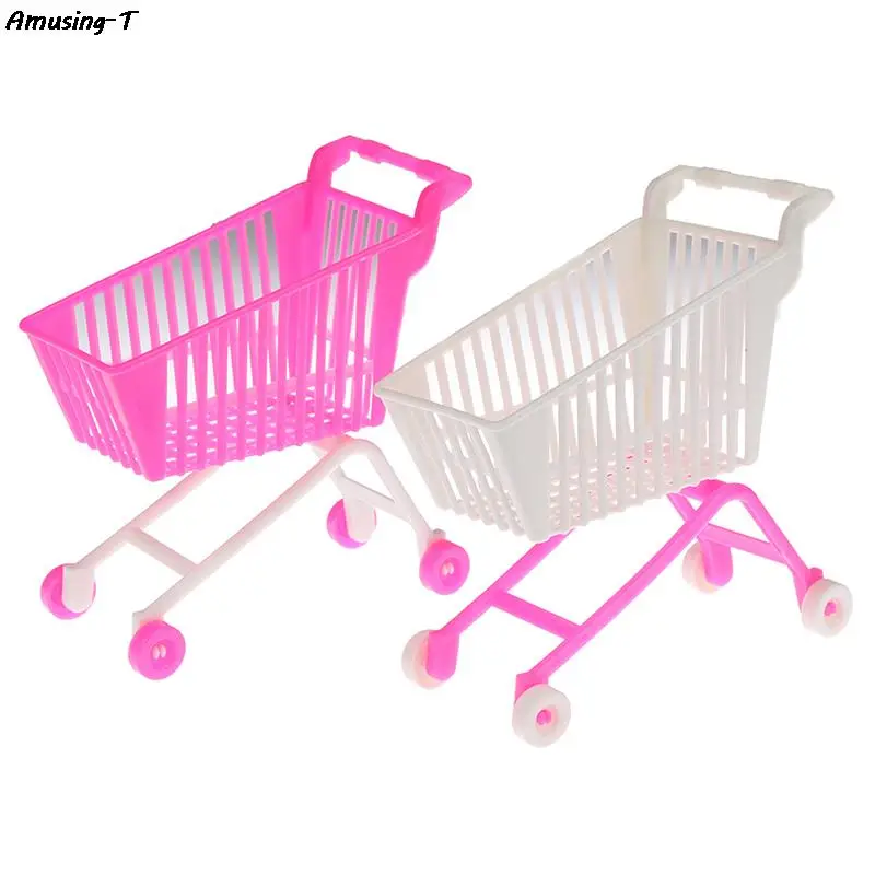 Mini Supermarket Handcart Shopping Utility Cart Mode Storage Toy Doll Accessories Gifts for Kids Pink White Random Color