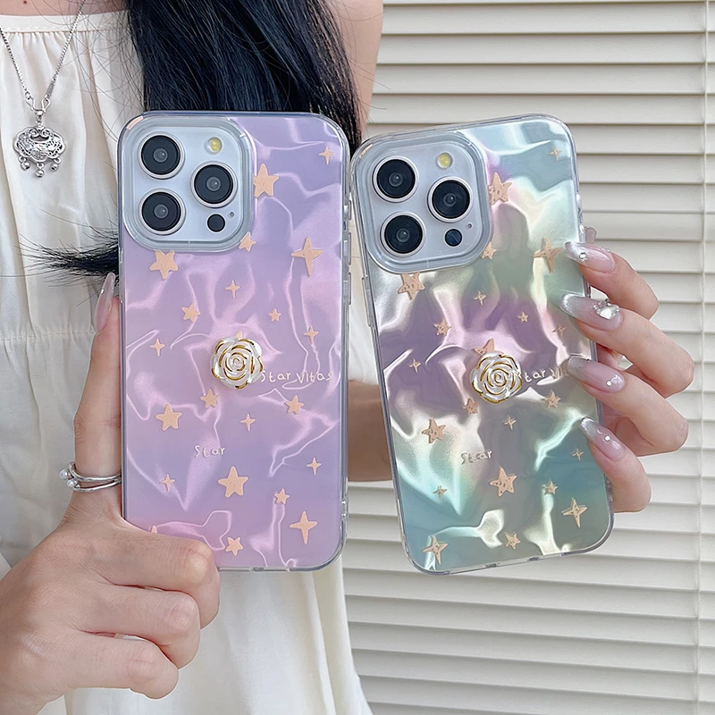 

3D Flowers Cute Stars Laser Dazzling Pleated Aurora Water Ripple Phone Case For iPhone 16 15 Pro Max 14 13 12 11 XS 7 Plus Cover