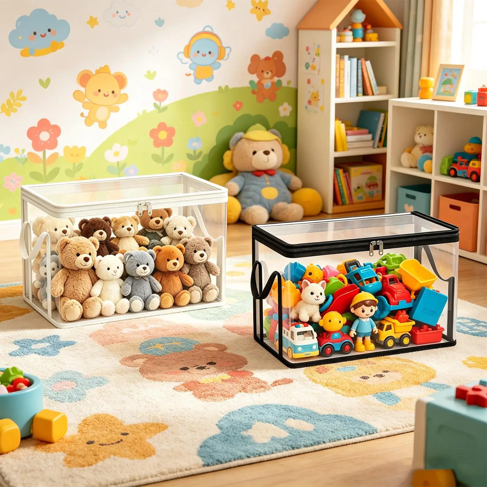 2Pcs 38x24x32cm PVC Toy Storage Bins Foldable Toy Box Stuffed Toy Storage Box for Living Room Playroom Study Room Balcony