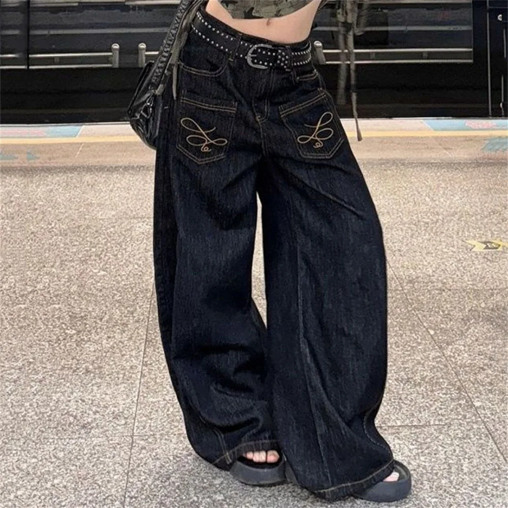 Mulheres vintage bordado preto gótico y2k baggy jeans 2025 outono harajuku estética 2000s denim calças streetwear roupas