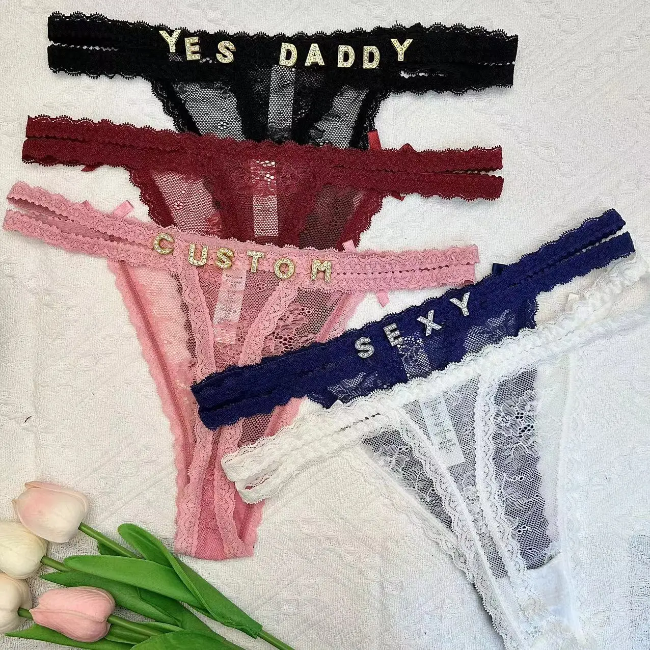 Custom  Name Thongs Crystal Letter Names G-String Thong For Women Sexy DIY Lace Panties with Names Body Jewelry Lovers Gift