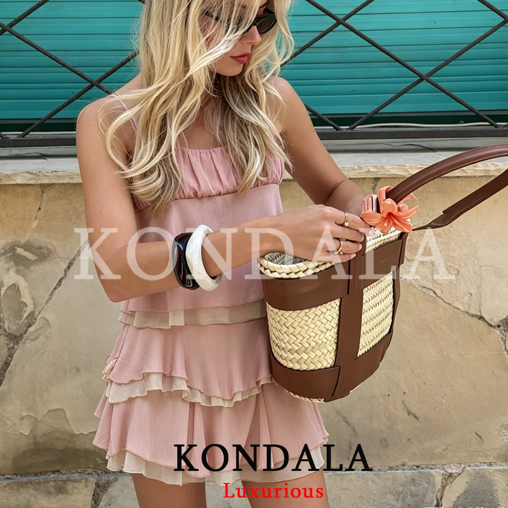 KONDALA Sexy Chic Pink Women Solid Suit Cami Ruffles Tops Zipper Stacked Short Skirt Fashion 2026 Summer Holiday Beach Party Set