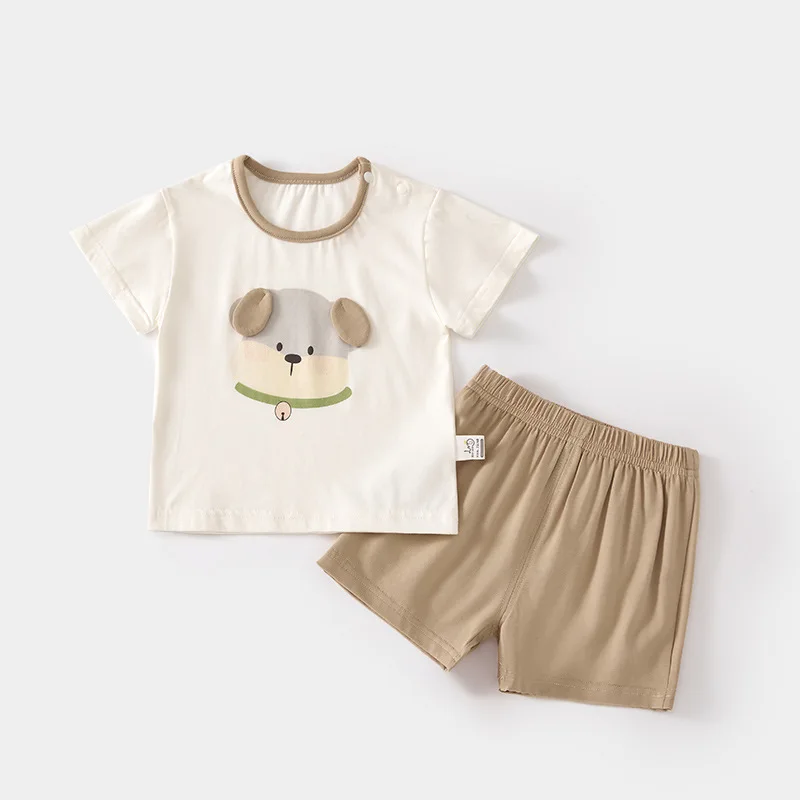 Baby Short-Sleeved T-shirt Suit Home Wear Thin Summer Boys and Girls Shoulder Open Shorts Loose Baby Outerwear