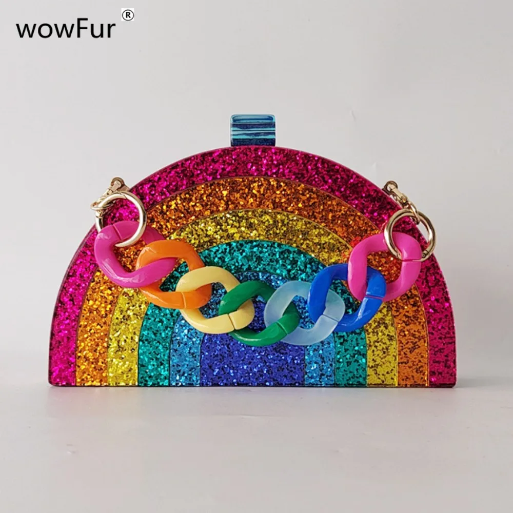 Half Room Colorful Glitter Rainbow Acrylic Box Clutches Evening Women Summer Wedding Party Purse And Handbag Ladies Casual Bag