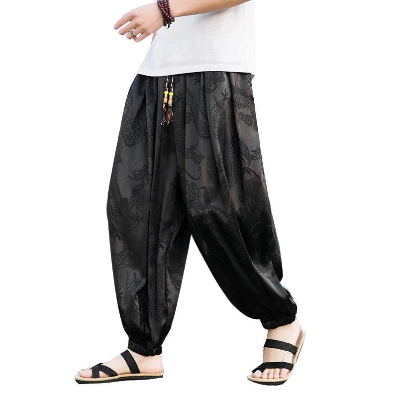 Ice Silk Pants Dragon Pattern Dark Flower Men Beach Bloomers Retro Casual Wide-leg Pants Harajuku Fashion Hip-hop Jogging Pants