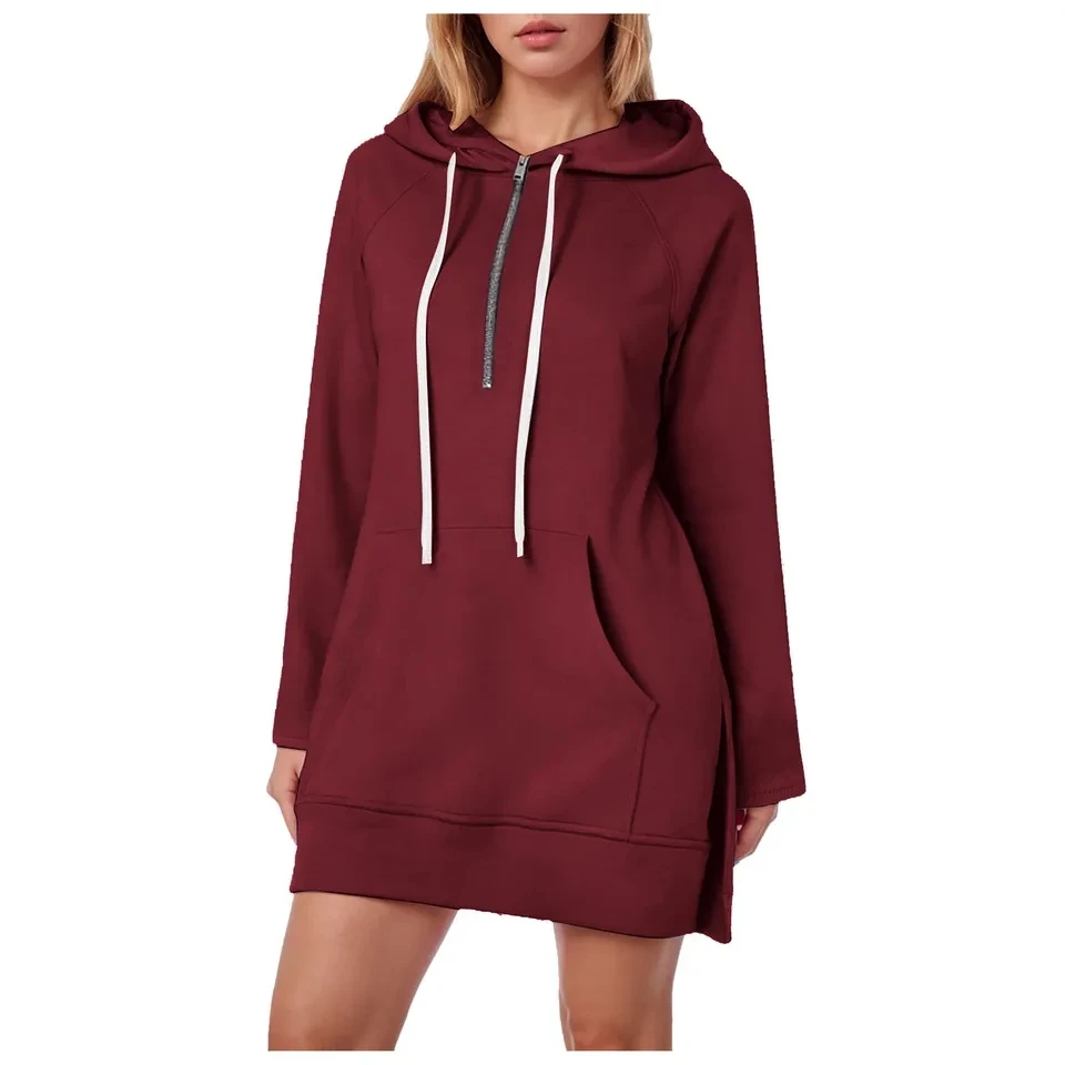 

Women Hoodie Dress Slit Hem Drawstring Loose Hooded Sweatshirt Dresses with Big Pocket Spring and Autumn Casual Dress Vestidos