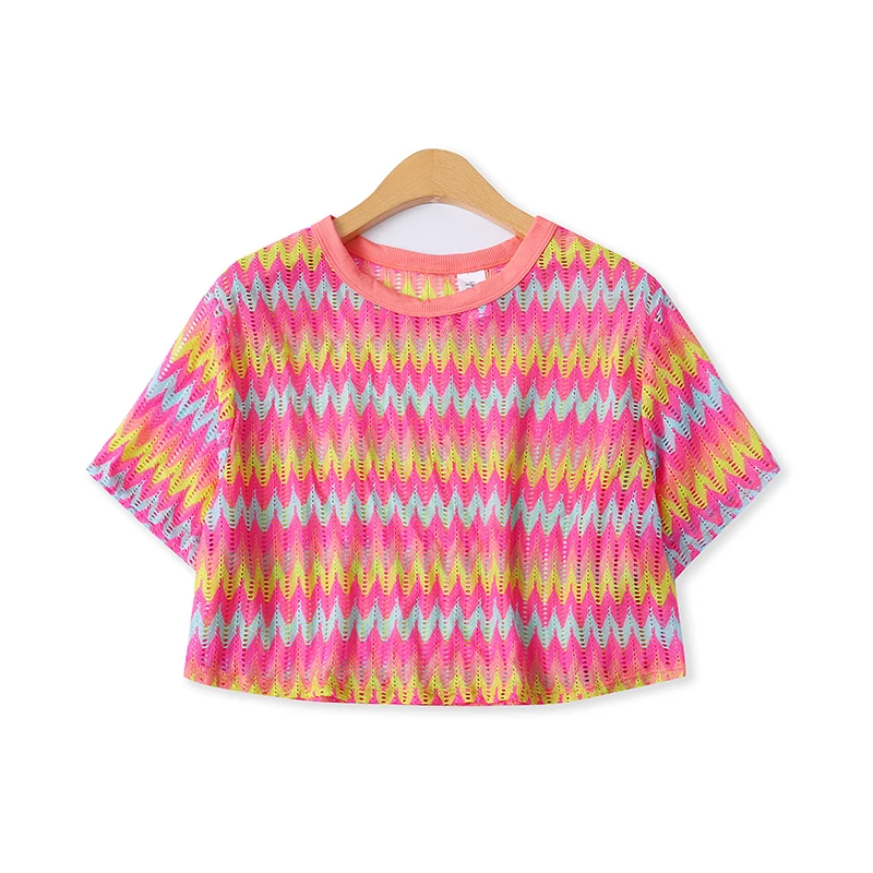 Conjunto de rayas de colores, novedad de verano, cseta hoada de manga corta para mujer, plones cortos elásticos, ven...