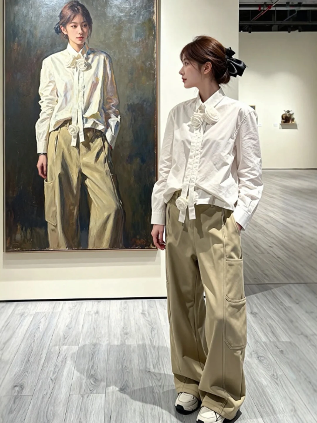 

Ele Korean Sle irt And Wide Leg Pants Two Piece Set Spring Faion Casual Comfortable High Waist Cotton Blend