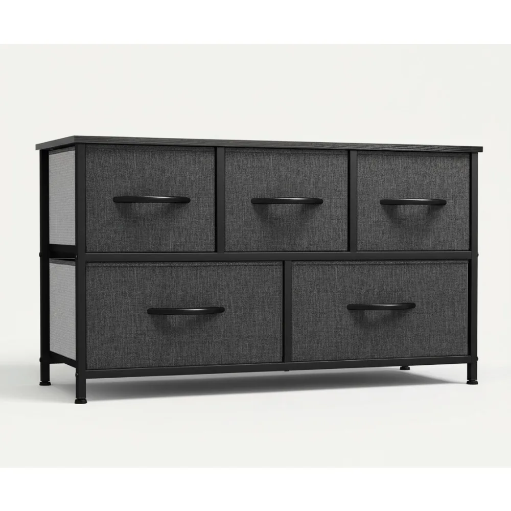 

5-Drawer Fabric Storage Tower - Modern Black Dresser with Metal Frame, Bedroom Organizer Unit for Home
