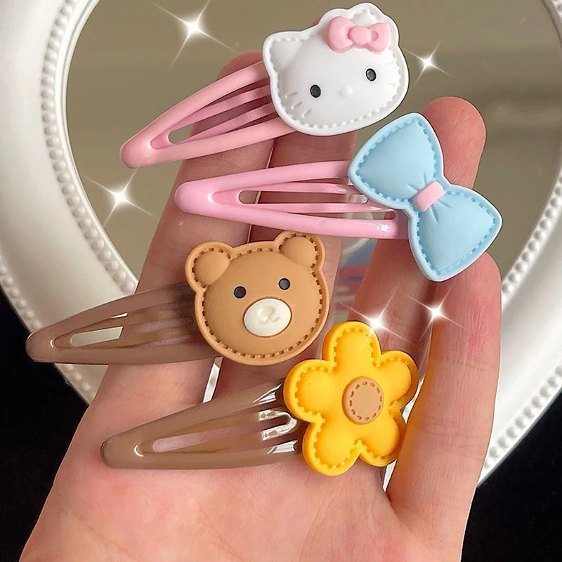 2PCS Kawaii Cartoon Sanrio Hello Kitty Hairpin Set Sweet Cute Bear Flower Hairpin BB Clips Ins Style Bangs Clip Girls Headwear