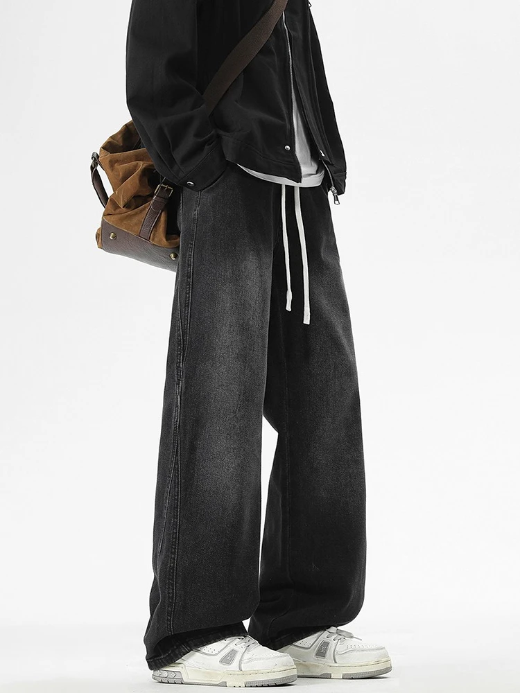 

Весенне-осенние свободные прямые джинсы, мужские повседневные винтажные брюки с эластичной резинкой на талии, мужские модные потертые джинсовые брюки