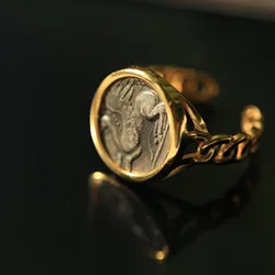 Vintage Greek Griffin Copper Coin Ring with 925 Sterling Silver Setting for Women Men