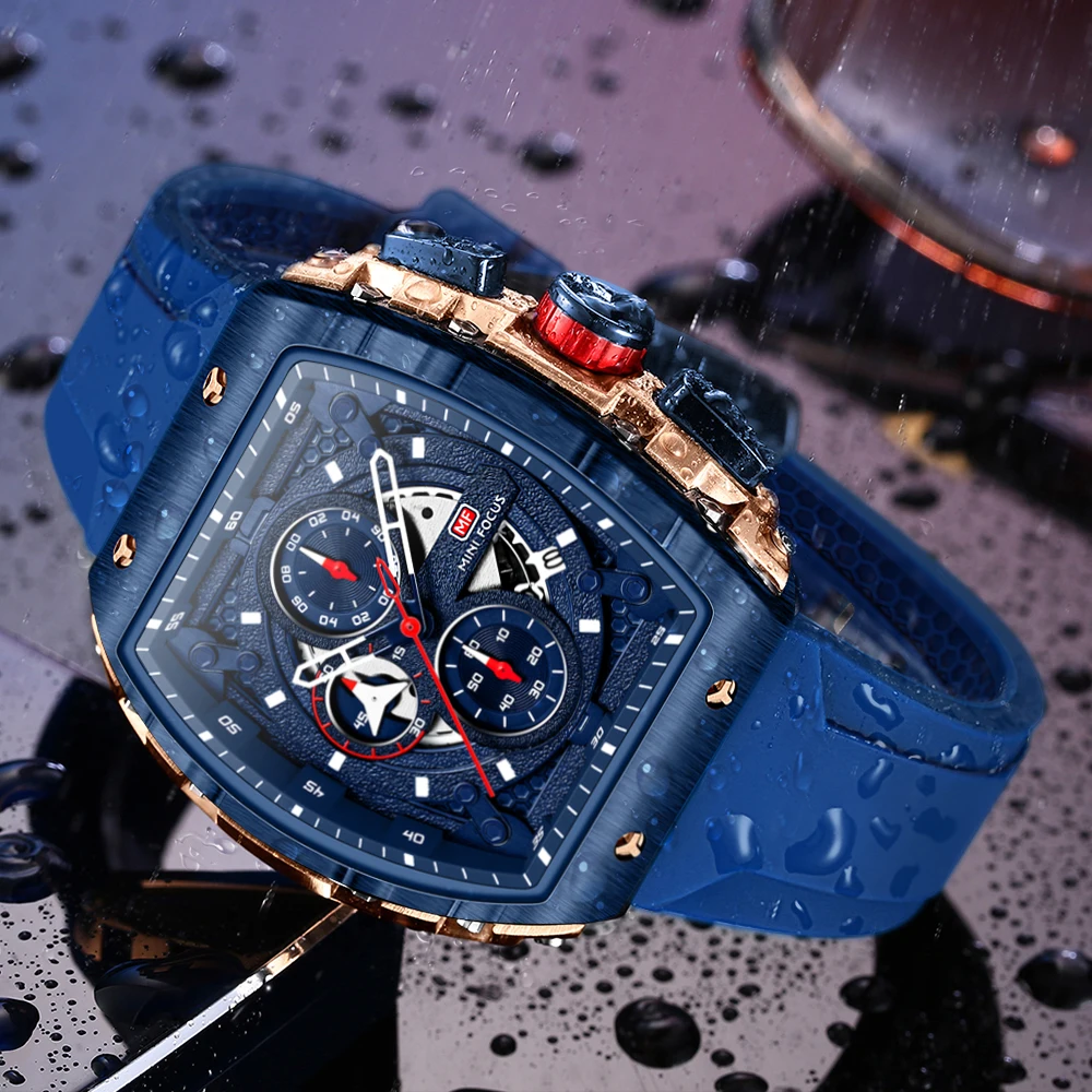 MINI FOCUS Sports Multifunctional Quartz Watch for Men Calendar Chronograph Waterproof Silicone Strap Fashion Mens Watches 2024