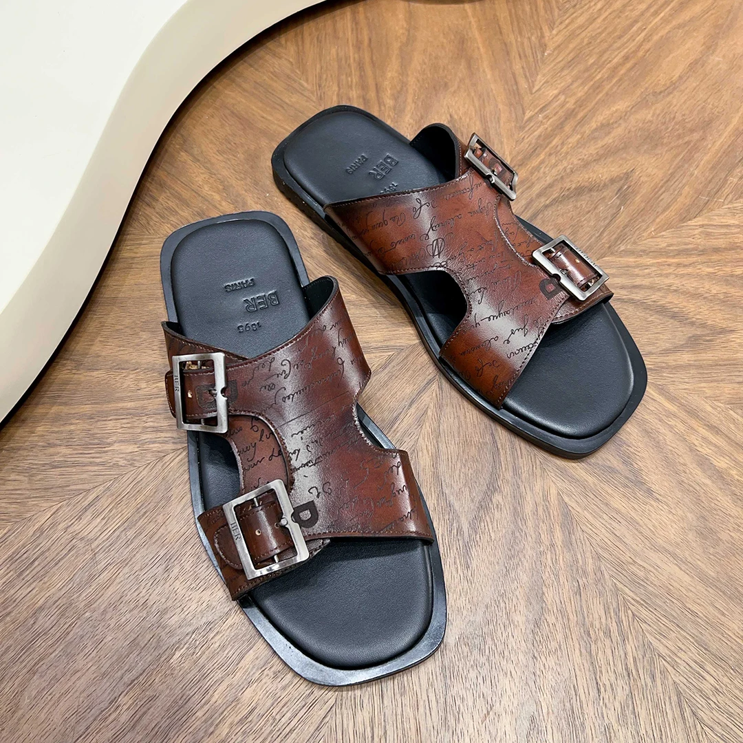 BLLIYOSS Men Patterned leather slippers 1895 Shoes New Calf stitching High-quality relief sculpture Embossed badge 39-46 Paris