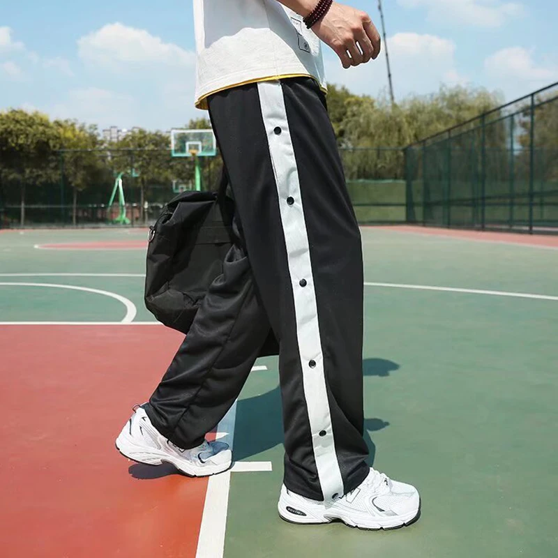 Sweat Pants Custom Side Panel Button Open Elastic Bottom Men Loose Fit Basketball Stacked Joggers Trousers