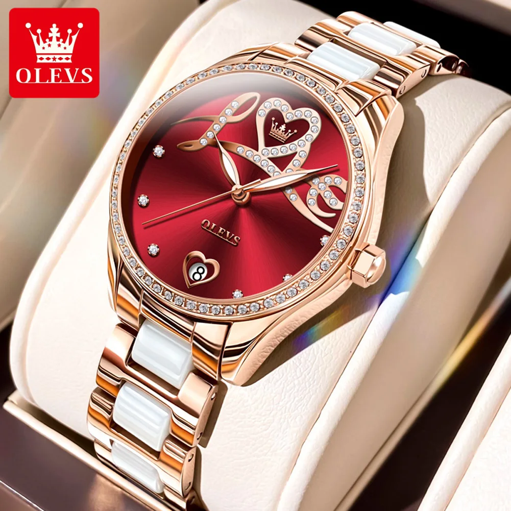 OLEVS 6686 LOVE Dial Automatic Mechanical Watch For Women Ceramic Steel Strap Elegant Woman Watches Date Waterproof Hand Clock