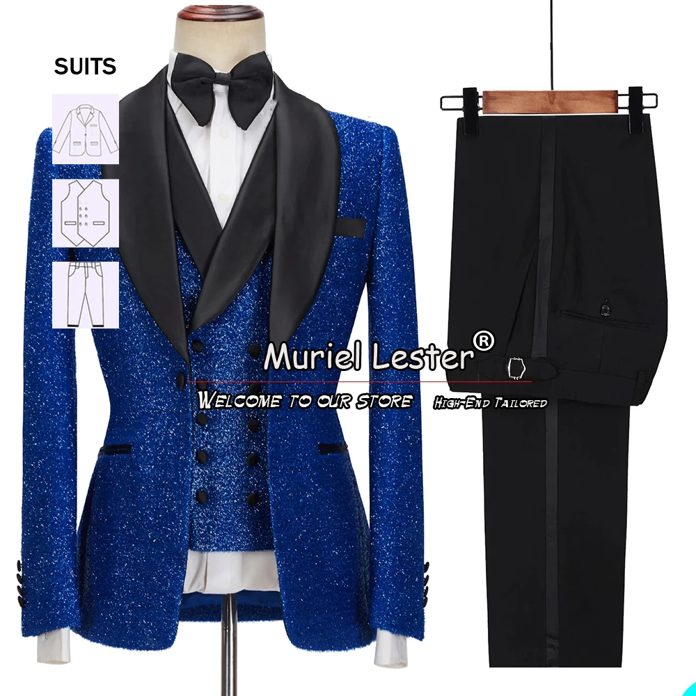 

Classic Wedding Tuxedo Groom Wear Royal Bule Shinny Jacket+Vest+Pants 3 Pieces Formal Business Blazer Custom Made Man Clothing