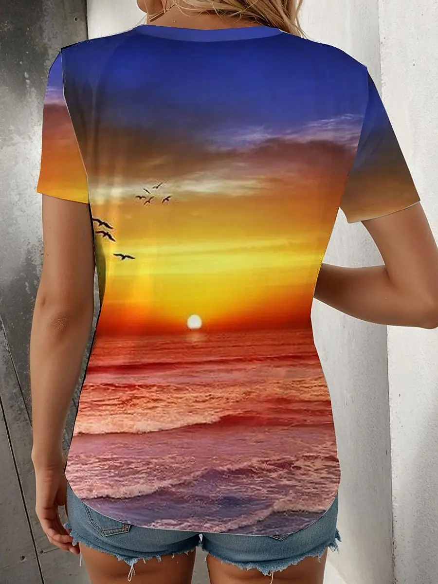 Women's T-shirt Round Neck Ocean Sunset Seagull Landscape Print Short Sleeve Holiday Casual Summer Women Clothing